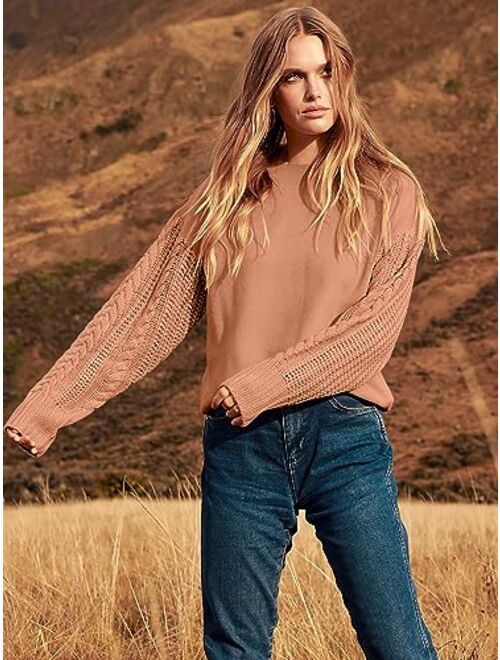 ANRABESS Women's 2023 Fall Sweaters Long Sleeve Crewneck Cable Knit Pullover Oversized Casual Chunky Tops