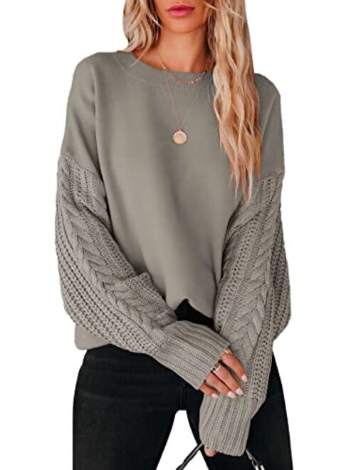 ANRABESS Women's 2023 Fall Sweaters Long Sleeve Crewneck Cable Knit Pullover Oversized Casual Chunky Tops