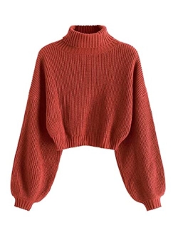 Women's Cropped Turtleneck Sweater Lantern Sleeve Ribbed Knit Pullover Sweater Jumper