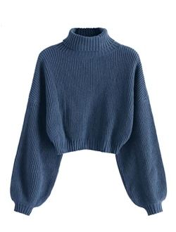 Women's Cropped Turtleneck Sweater Lantern Sleeve Ribbed Knit Pullover Sweater Jumper