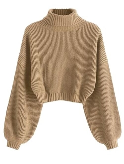 Women's Cropped Turtleneck Sweater Lantern Sleeve Ribbed Knit Pullover Sweater Jumper