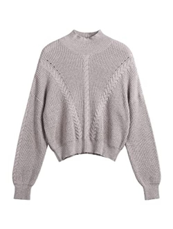 Women's Cropped Turtleneck Sweater Lantern Sleeve Ribbed Knit Pullover Sweater Jumper