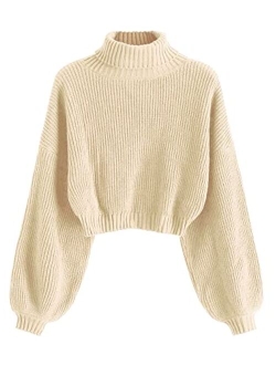 Women's Cropped Turtleneck Sweater Lantern Sleeve Ribbed Knit Pullover Sweater Jumper