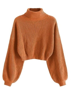 Women's Cropped Turtleneck Sweater Lantern Sleeve Ribbed Knit Pullover Sweater Jumper