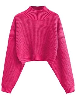 Women's Cropped Turtleneck Sweater Lantern Sleeve Ribbed Knit Pullover Sweater Jumper