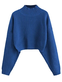 Women's Cropped Turtleneck Sweater Lantern Sleeve Ribbed Knit Pullover Sweater Jumper