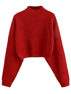 Women's Cropped Turtleneck Sweater Lantern Sleeve Ribbed Knit Pullover Sweater Jumper