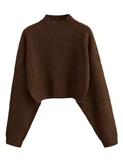 Women's Cropped Turtleneck Sweater Lantern Sleeve Ribbed Knit Pullover Sweater Jumper