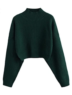 Women's Cropped Turtleneck Sweater Lantern Sleeve Ribbed Knit Pullover Sweater Jumper