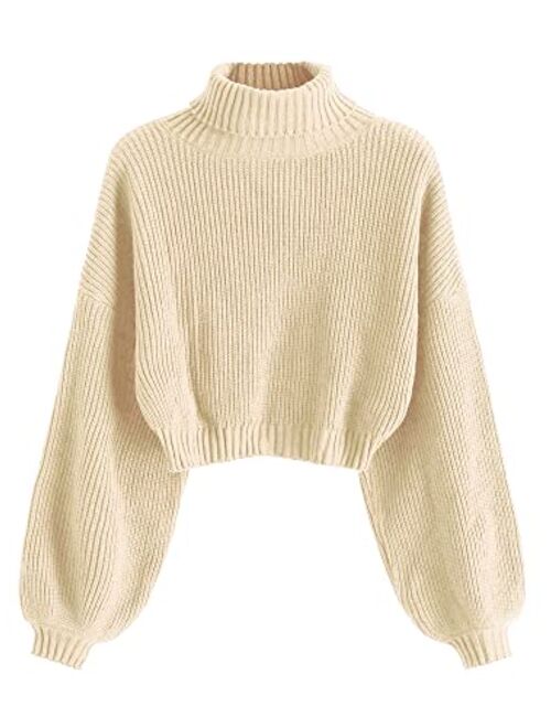 ZAFUL Women's Cropped Turtleneck Sweater Lantern Sleeve Ribbed Knit Pullover Sweater Jumper