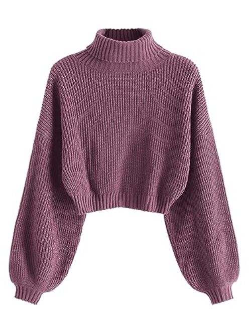 ZAFUL Women's Cropped Turtleneck Sweater Lantern Sleeve Ribbed Knit Pullover Sweater Jumper