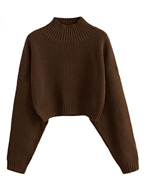 ZAFUL Women's Cropped Turtleneck Sweater Lantern Sleeve Ribbed Knit Pullover Sweater Jumper