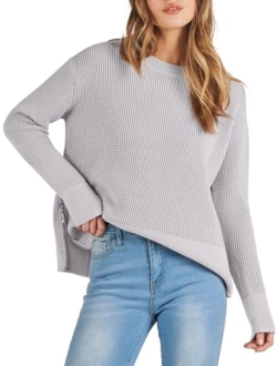 Womens Cropped Waffle Knit Sweater 2023 Fall Crewneck Long Sleeve Casual Side Zipper Pullover Jumper with Thumbholes