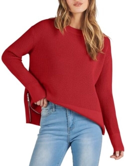 Womens Cropped Waffle Knit Sweater 2023 Fall Crewneck Long Sleeve Casual Side Zipper Pullover Jumper with Thumbholes