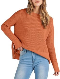 Womens Cropped Waffle Knit Sweater 2023 Fall Crewneck Long Sleeve Casual Side Zipper Pullover Jumper with Thumbholes