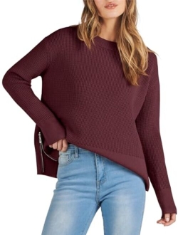 Womens Cropped Waffle Knit Sweater 2023 Fall Crewneck Long Sleeve Casual Side Zipper Pullover Jumper with Thumbholes