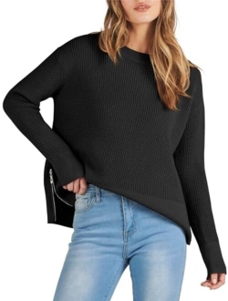 Womens Cropped Waffle Knit Sweater 2023 Fall Crewneck Long Sleeve Casual Side Zipper Pullover Jumper with Thumbholes