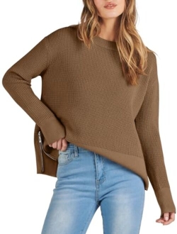 Womens Cropped Waffle Knit Sweater 2023 Fall Crewneck Long Sleeve Casual Side Zipper Pullover Jumper with Thumbholes