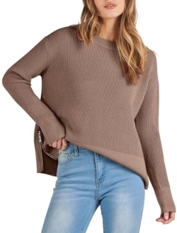 Womens Cropped Waffle Knit Sweater 2023 Fall Crewneck Long Sleeve Casual Side Zipper Pullover Jumper with Thumbholes