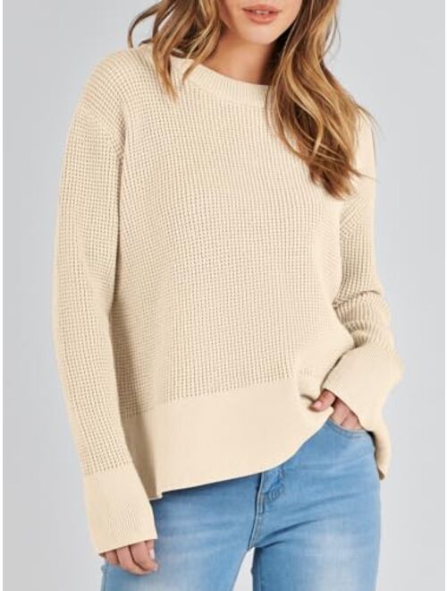 ANRABESS Womens Cropped Waffle Knit Sweater 2023 Fall Crewneck Long Sleeve Casual Side Zipper Pullover Jumper with Thumbholes