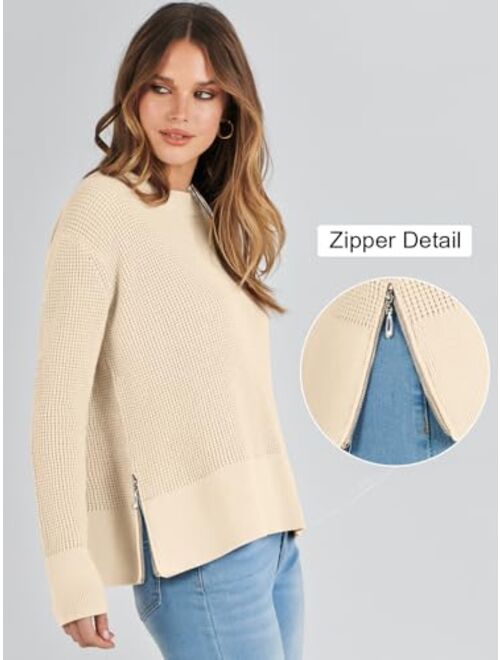 ANRABESS Womens Cropped Waffle Knit Sweater 2023 Fall Crewneck Long Sleeve Casual Side Zipper Pullover Jumper with Thumbholes