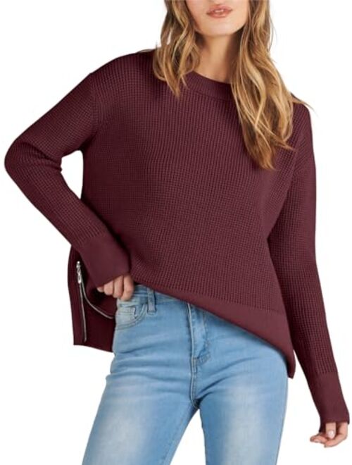 ANRABESS Womens Cropped Waffle Knit Sweater 2023 Fall Crewneck Long Sleeve Casual Side Zipper Pullover Jumper with Thumbholes