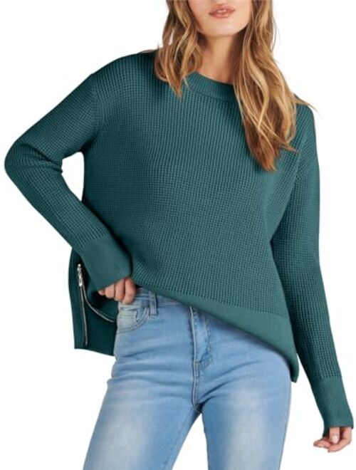 ANRABESS Womens Cropped Waffle Knit Sweater 2023 Fall Crewneck Long Sleeve Casual Side Zipper Pullover Jumper with Thumbholes