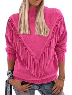 Women's 2023 Fall Knit Pullover Sweaters Long Sleeve Turtleneck Fringe Jumper Tops Blouse