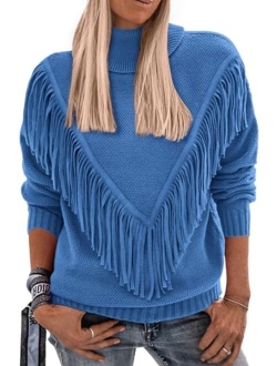 Women's 2023 Fall Knit Pullover Sweaters Long Sleeve Turtleneck Fringe Jumper Tops Blouse