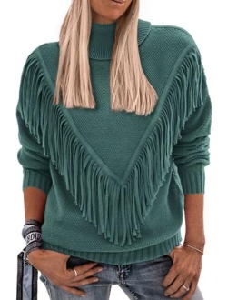 Women's 2023 Fall Knit Pullover Sweaters Long Sleeve Turtleneck Fringe Jumper Tops Blouse