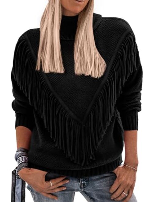 PRETTYGARDEN Women's 2023 Fall Knit Pullover Sweaters Long Sleeve Turtleneck Fringe Jumper Tops Blouse