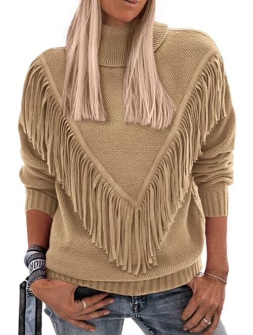 PRETTYGARDEN Women's 2023 Fall Knit Pullover Sweaters Long Sleeve Turtleneck Fringe Jumper Tops Blouse