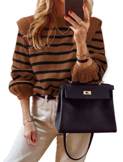 Women's Sweaters Casual Long Lantern Sleeve Crewneck Ribbed Knit Pullover Striped Jumper Tops Blouse