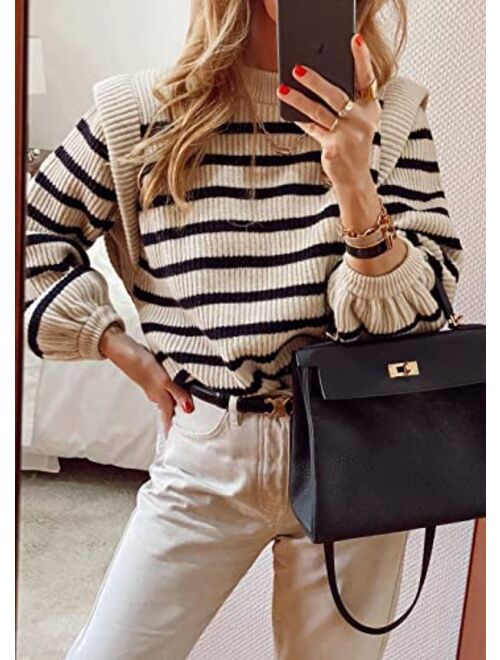 PRETTYGARDEN Women's Sweaters Casual Long Lantern Sleeve Crewneck Ribbed Knit Pullover Striped Jumper Tops Blouse