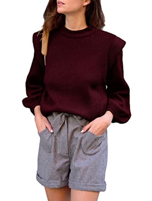 PRETTYGARDEN Women's Sweaters Casual Long Lantern Sleeve Crewneck Ribbed Knit Pullover Striped Jumper Tops Blouse