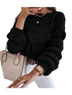 Women's 2023 Fall Sweaters Casual Crew Neck Pullover Long Puff Sleeve Loose Plain Chunky Knit Cute Blouse Tops