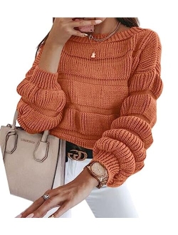 Women's 2023 Fall Sweaters Casual Crew Neck Pullover Long Puff Sleeve Loose Plain Chunky Knit Cute Blouse Tops