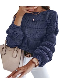 Women's 2023 Fall Sweaters Casual Crew Neck Pullover Long Puff Sleeve Loose Plain Chunky Knit Cute Blouse Tops