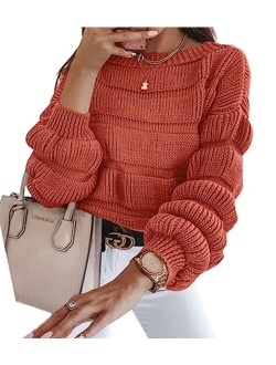 Women's 2023 Fall Sweaters Casual Crew Neck Pullover Long Puff Sleeve Loose Plain Chunky Knit Cute Blouse Tops