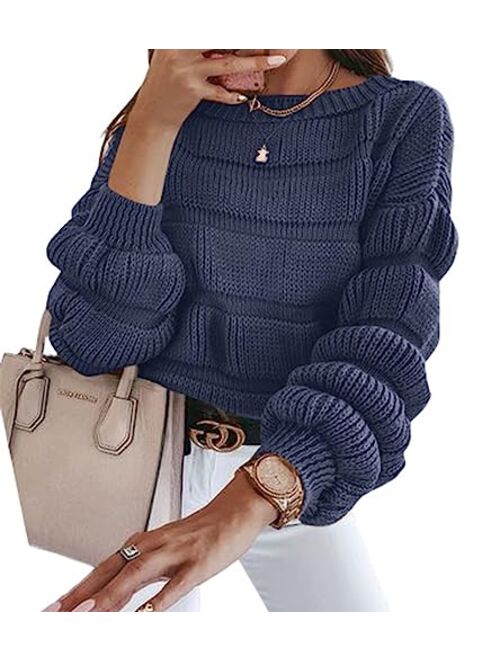 PRETTYGARDEN Women's 2023 Fall Sweaters Casual Crew Neck Pullover Long Puff Sleeve Loose Plain Chunky Knit Cute Blouse Tops