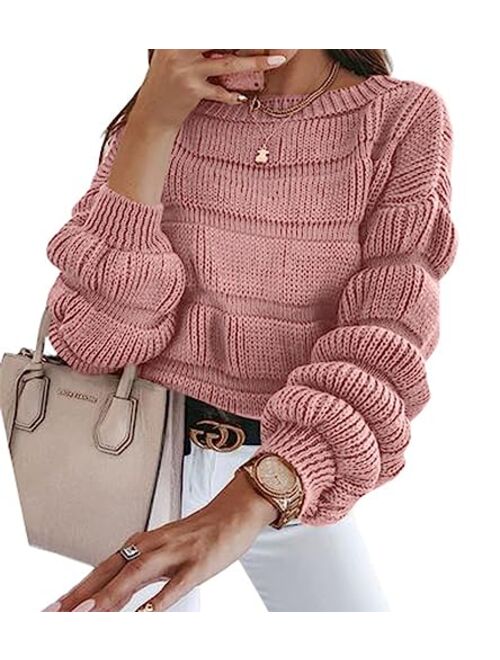 PRETTYGARDEN Women's 2023 Fall Sweaters Casual Crew Neck Pullover Long Puff Sleeve Loose Plain Chunky Knit Cute Blouse Tops