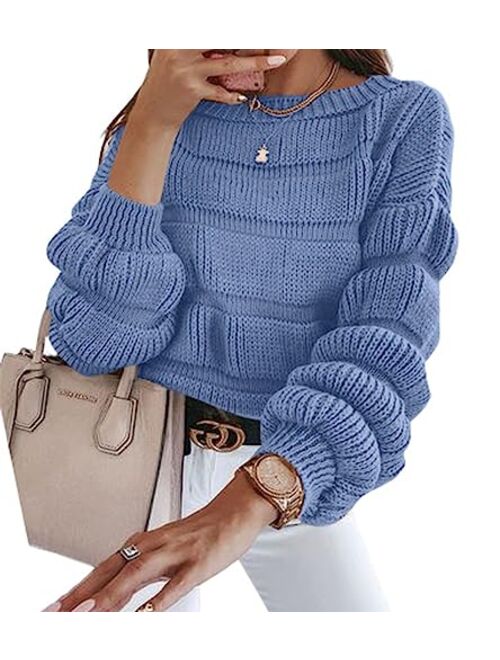 PRETTYGARDEN Women's 2023 Fall Sweaters Casual Crew Neck Pullover Long Puff Sleeve Loose Plain Chunky Knit Cute Blouse Tops