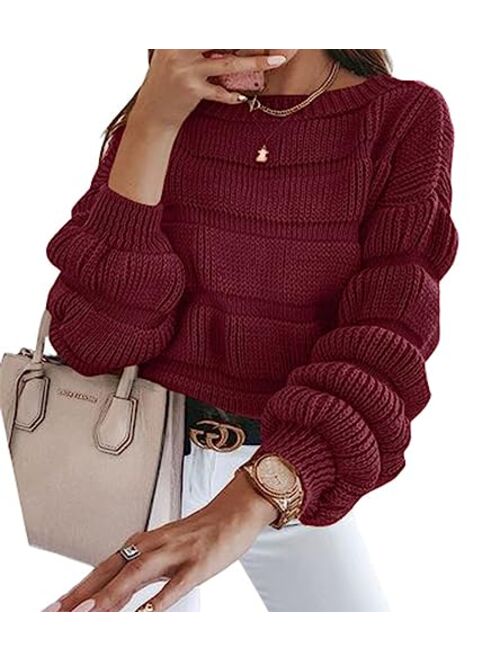 PRETTYGARDEN Women's 2023 Fall Sweaters Casual Crew Neck Pullover Long Puff Sleeve Loose Plain Chunky Knit Cute Blouse Tops