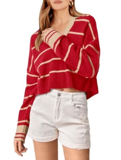 Women's Pullover Striped Sweaters Casual Lapel V Neck Long Sleeve Ribbed Knit Loose Jumper Top