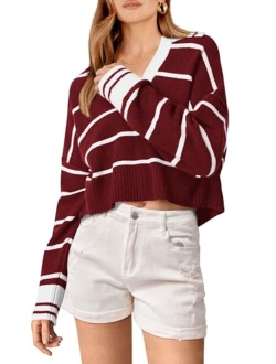 Women's Pullover Striped Sweaters Casual Lapel V Neck Long Sleeve Ribbed Knit Loose Jumper Top