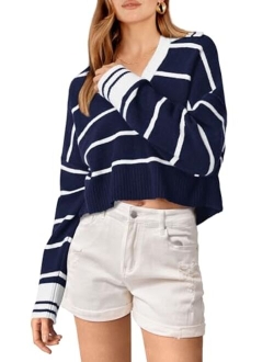 Women's Pullover Striped Sweaters Casual Lapel V Neck Long Sleeve Ribbed Knit Loose Jumper Top