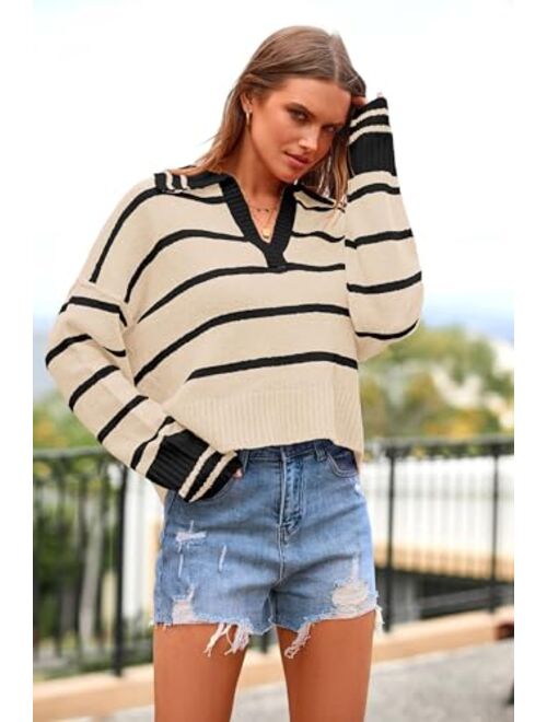 PRETTYGARDEN Women's Pullover Striped Sweaters Casual Lapel V Neck Long Sleeve Ribbed Knit Loose Jumper Top