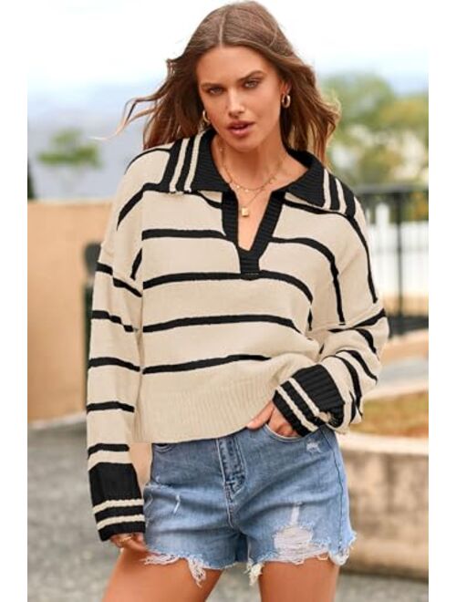 PRETTYGARDEN Women's Pullover Striped Sweaters Casual Lapel V Neck Long Sleeve Ribbed Knit Loose Jumper Top