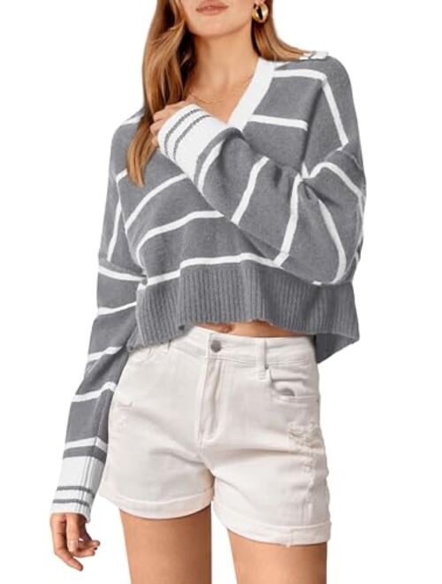 PRETTYGARDEN Women's Pullover Striped Sweaters Casual Lapel V Neck Long Sleeve Ribbed Knit Loose Jumper Top