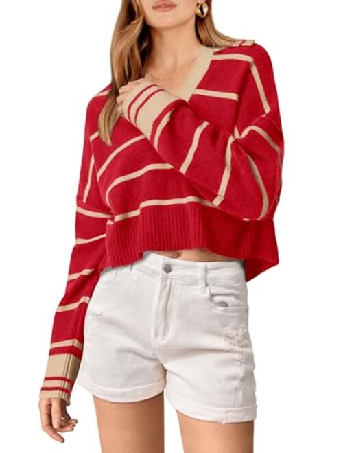 PRETTYGARDEN Women's Pullover Striped Sweaters Casual Lapel V Neck Long Sleeve Ribbed Knit Loose Jumper Top